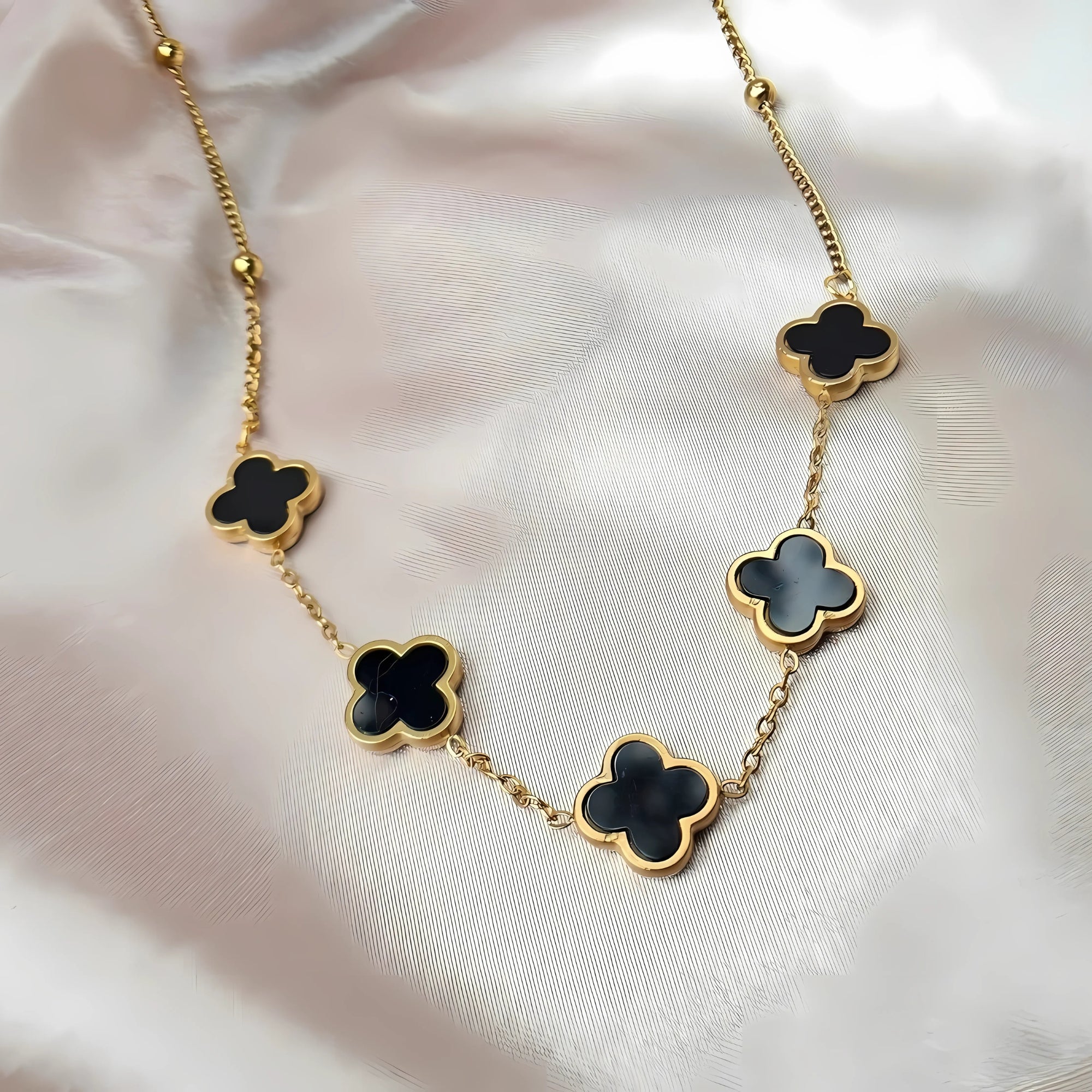 18k Black Four-Leaf Clover Satellite Necklace