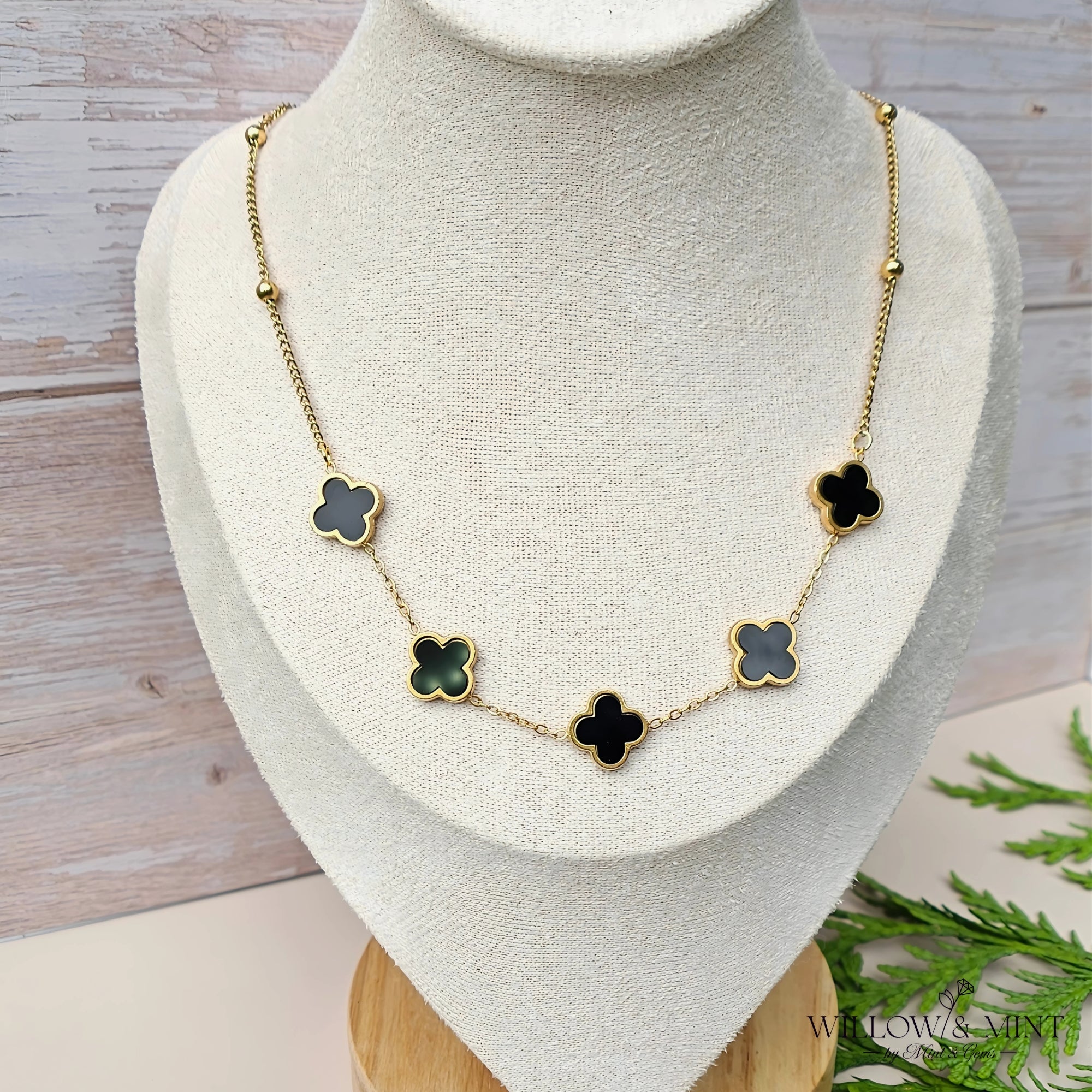 18k Black Four-Leaf Clover Satellite Necklace