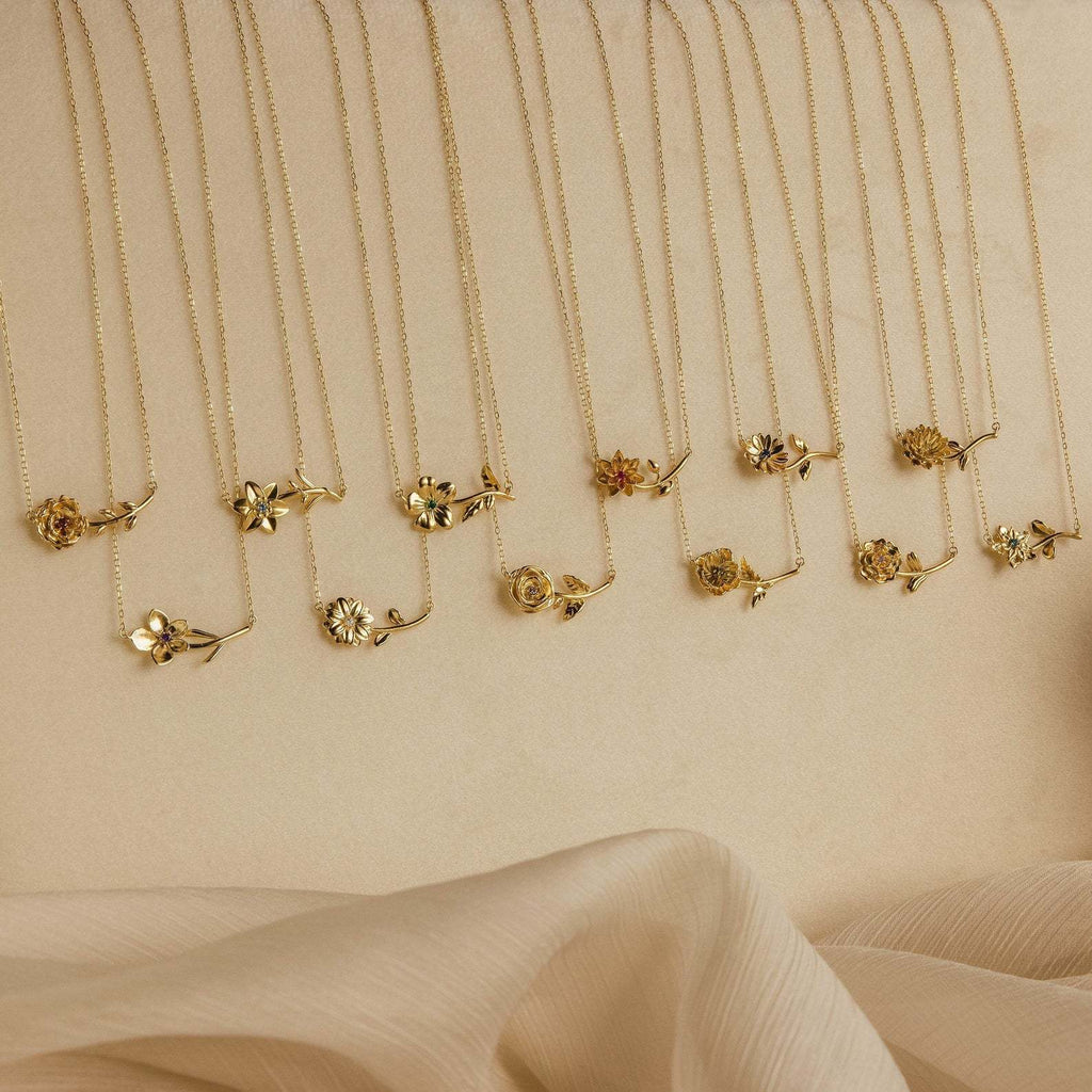 14K Gold Plated 3D Birth Flower Necklace