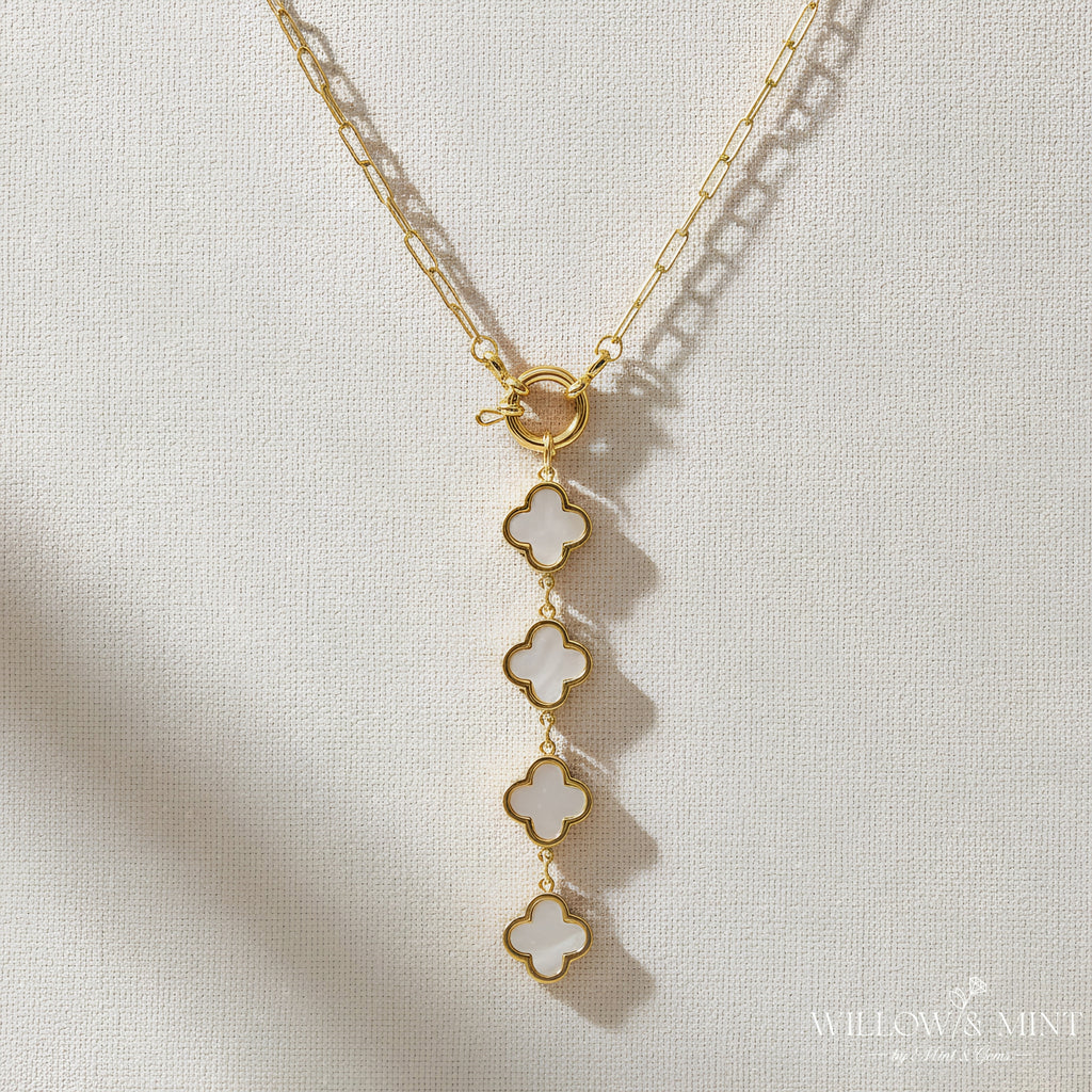 18k Gold Clover Necklace, Black Four Leaf Clover Necklace, Shamrock Necklace, Valentines Gift for Her