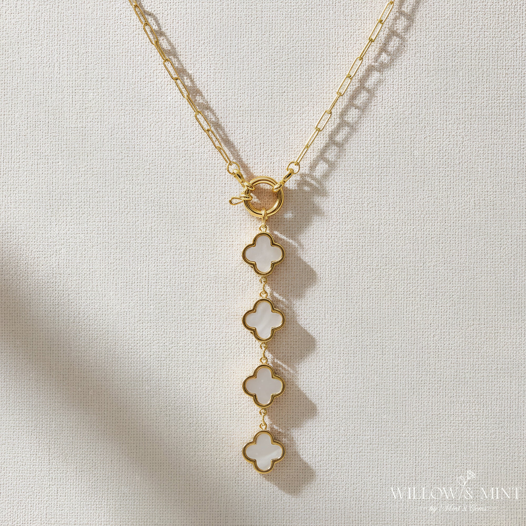 18k Gold Clover Necklace, Black Four Leaf Clover Necklace, Shamrock Necklace, Valentines Gift for Her