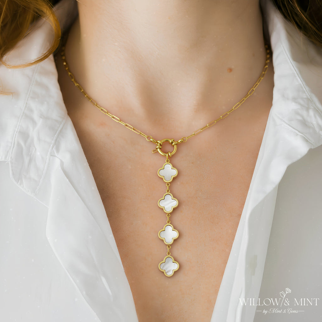 18k Gold Clover Necklace, Black Four Leaf Clover Necklace, Shamrock Necklace, Valentines Gift for Her