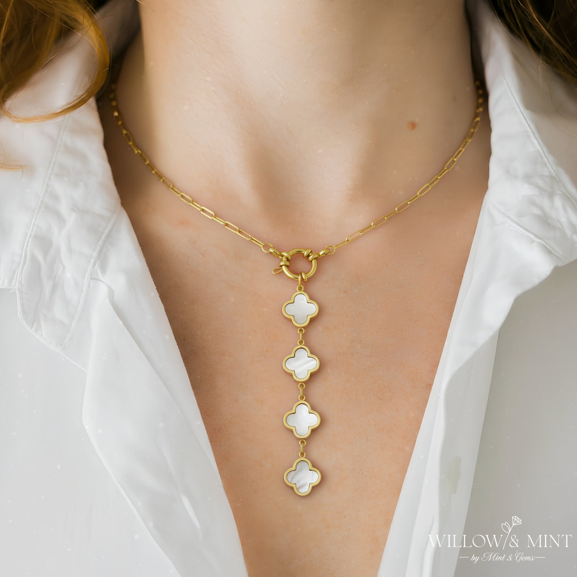 18k Gold Clover Necklace, Black Four Leaf Clover Necklace, Shamrock Necklace, Valentines Gift for Her