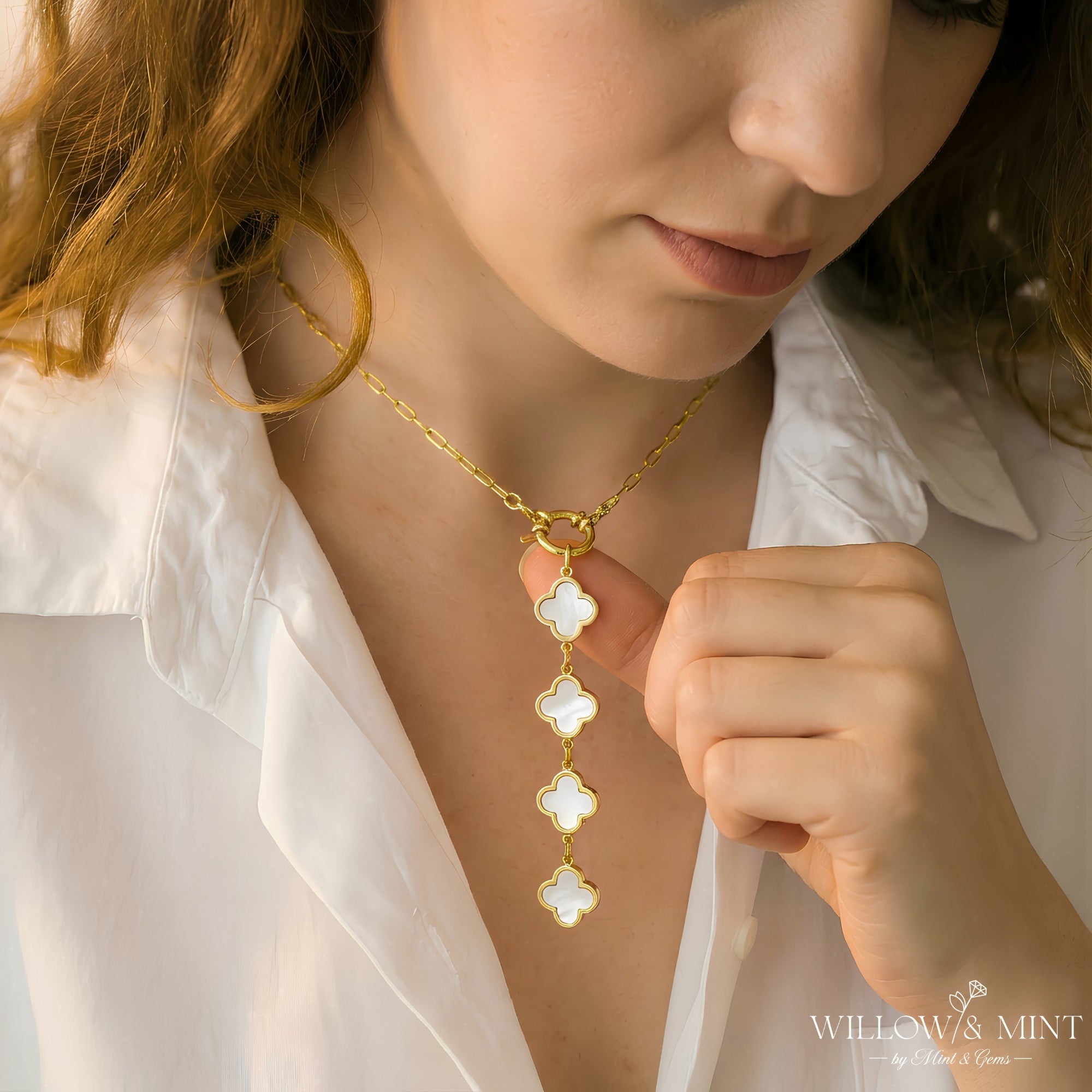 18k Gold Clover Necklace, Black Four Leaf Clover Necklace, Shamrock Necklace, Valentines Gift for Her